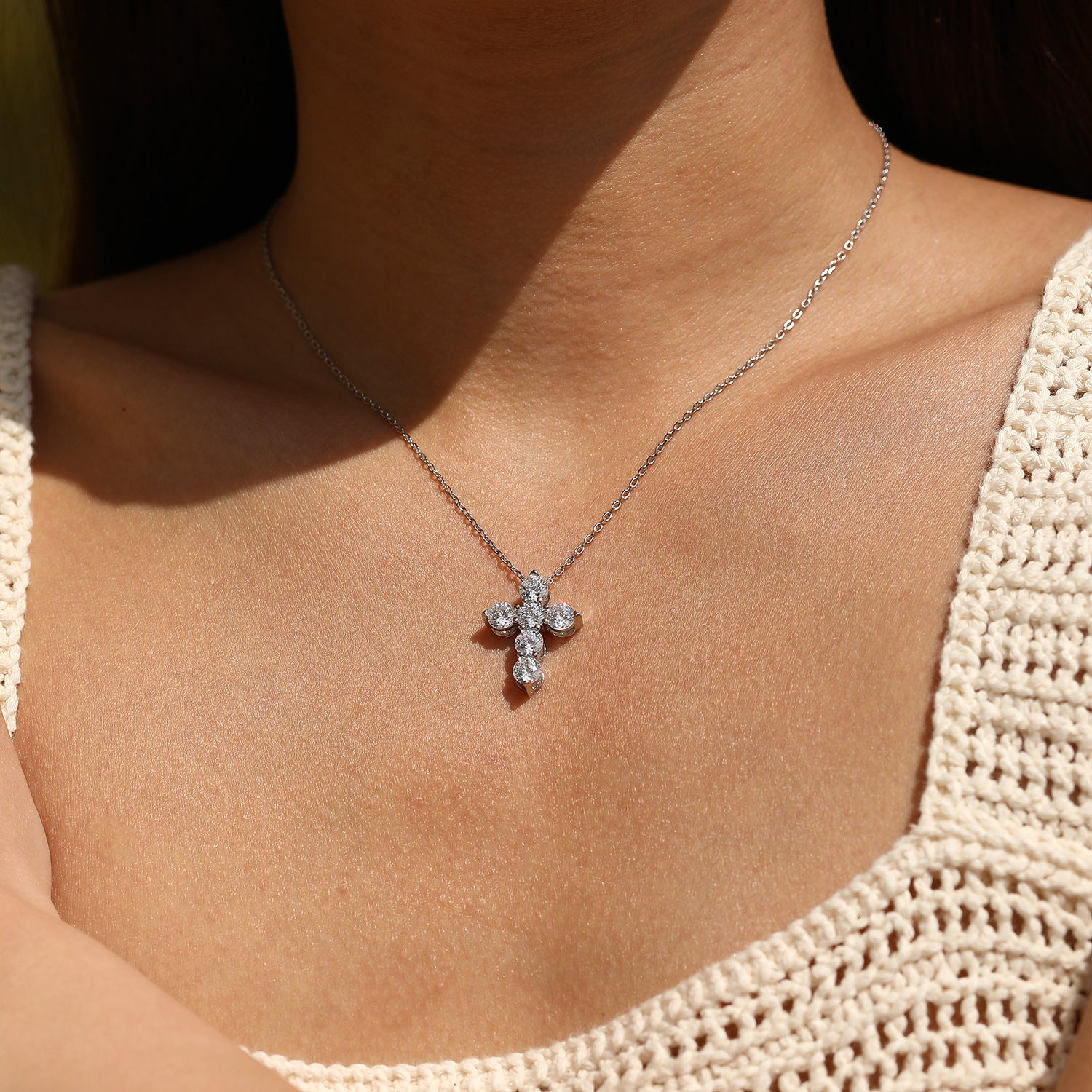 925 Sterling Silver Moissanite Cross Faith Necklace 110300043