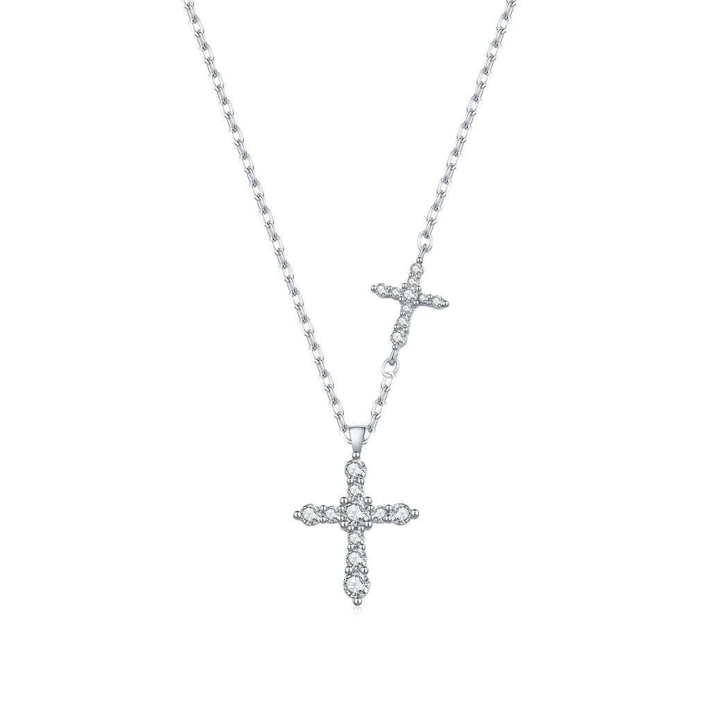 925 Sterling Silver Moissanite Double Cross Necklace 110300044