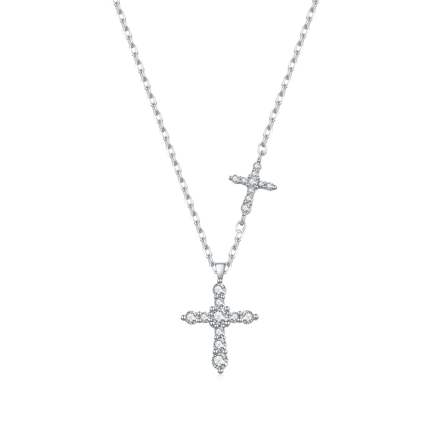 925 Sterling Silver Moissanite Double Cross Necklace 110300044