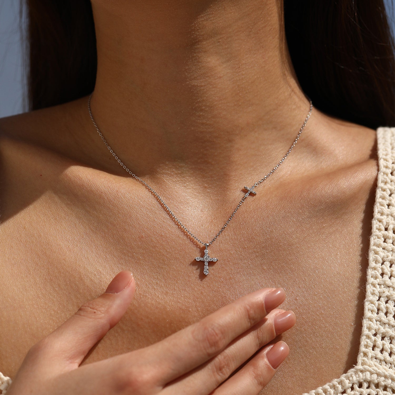925 Sterling Silver Moissanite Double Cross Necklace 110300044