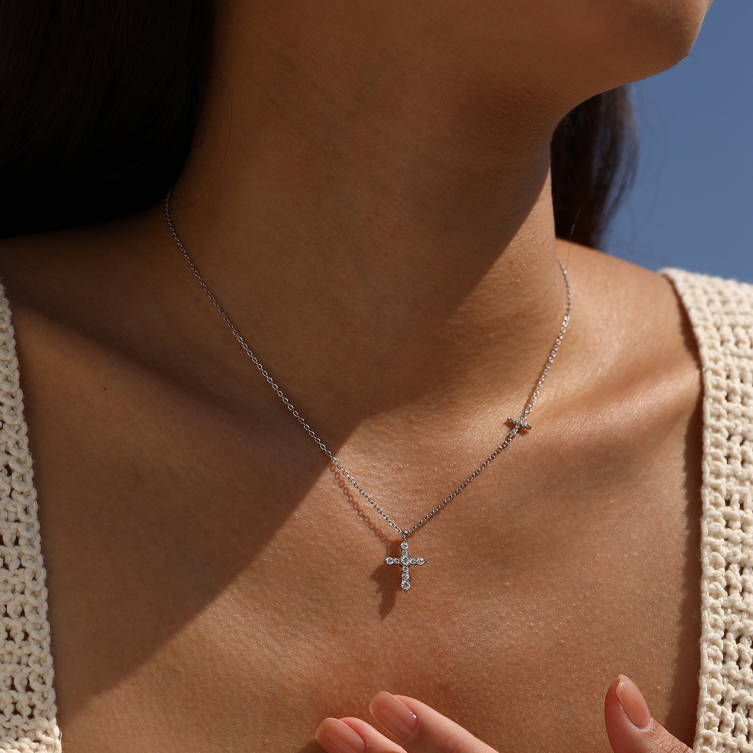 925 Sterling Silver Moissanite Double Cross Necklace 110300044