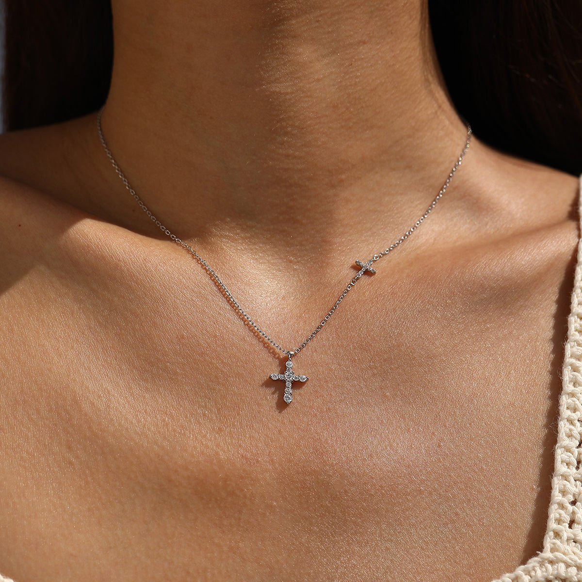 925 Sterling Silver Moissanite Double Cross Necklace 110300044