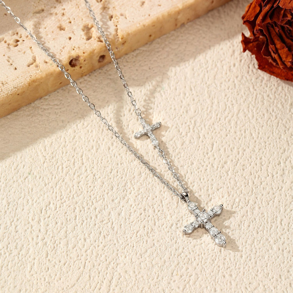 925 Sterling Silver Moissanite Double Cross Necklace 110300044