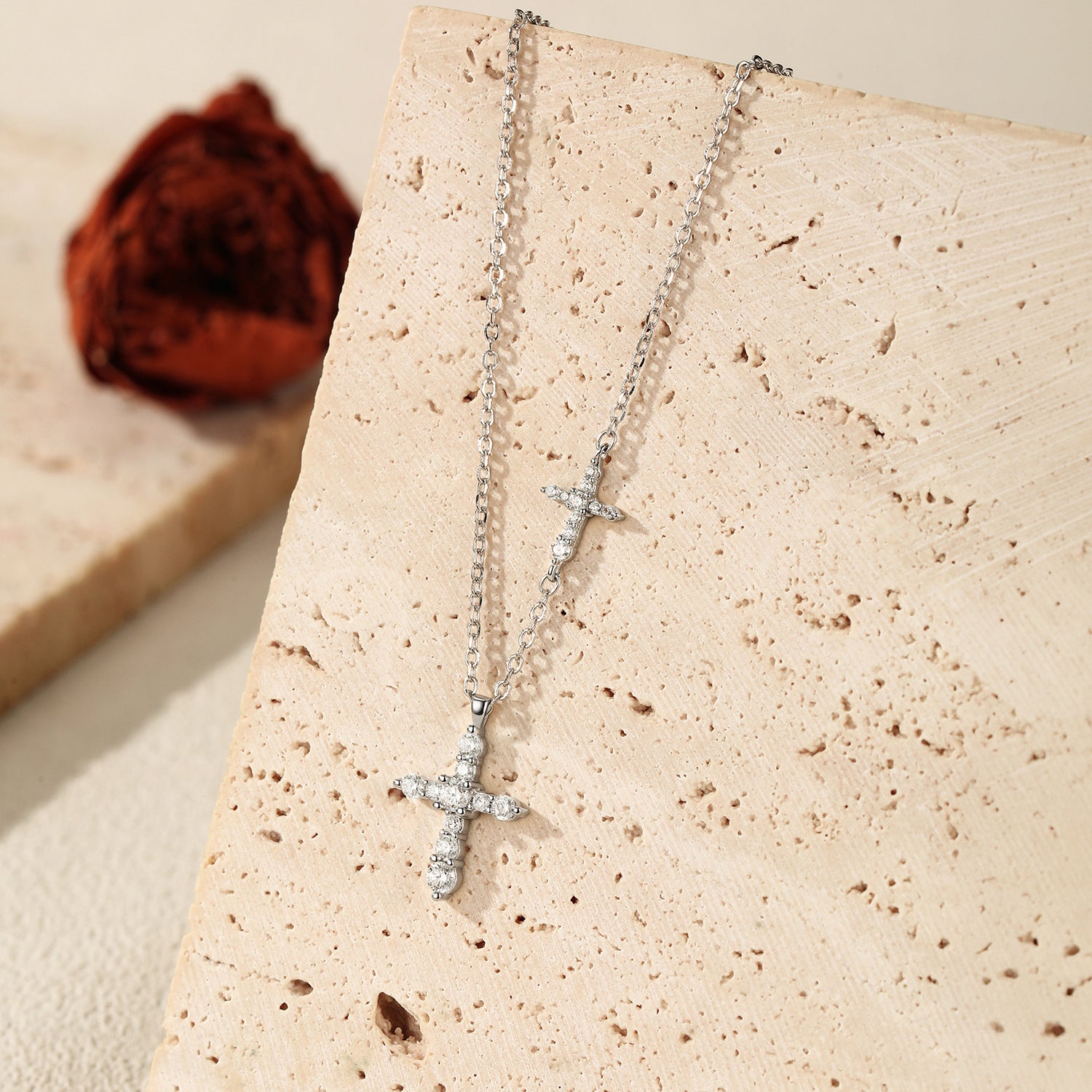 925 Sterling Silver Moissanite Double Cross Necklace 110300044