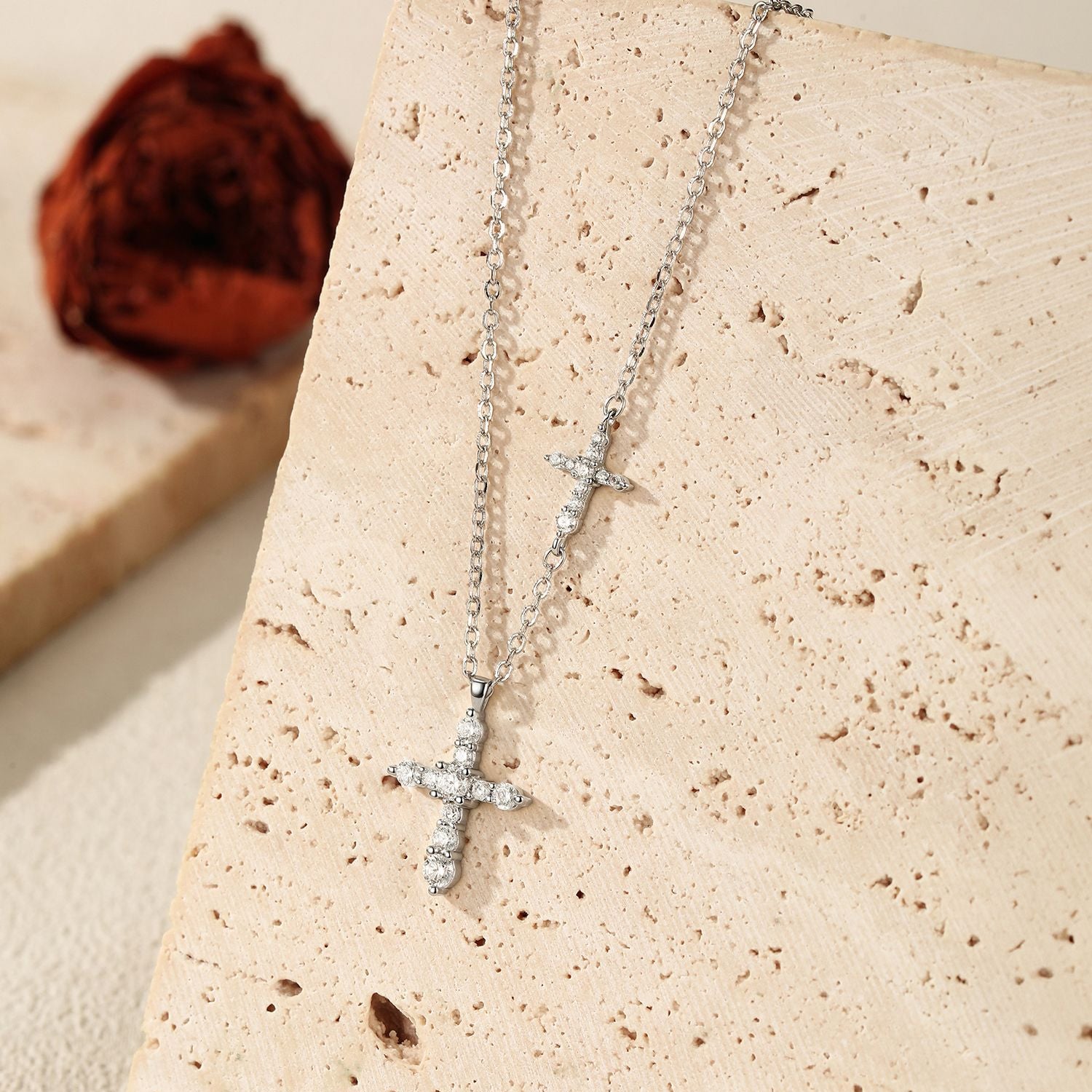 925 Sterling Silver Moissanite Double Cross Necklace 110300044