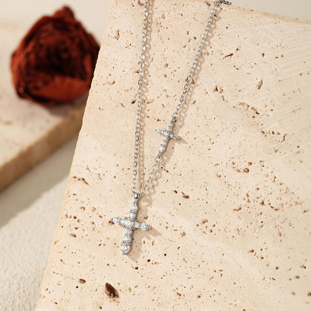 925 Sterling Silver Moissanite Double Cross Necklace 110300044