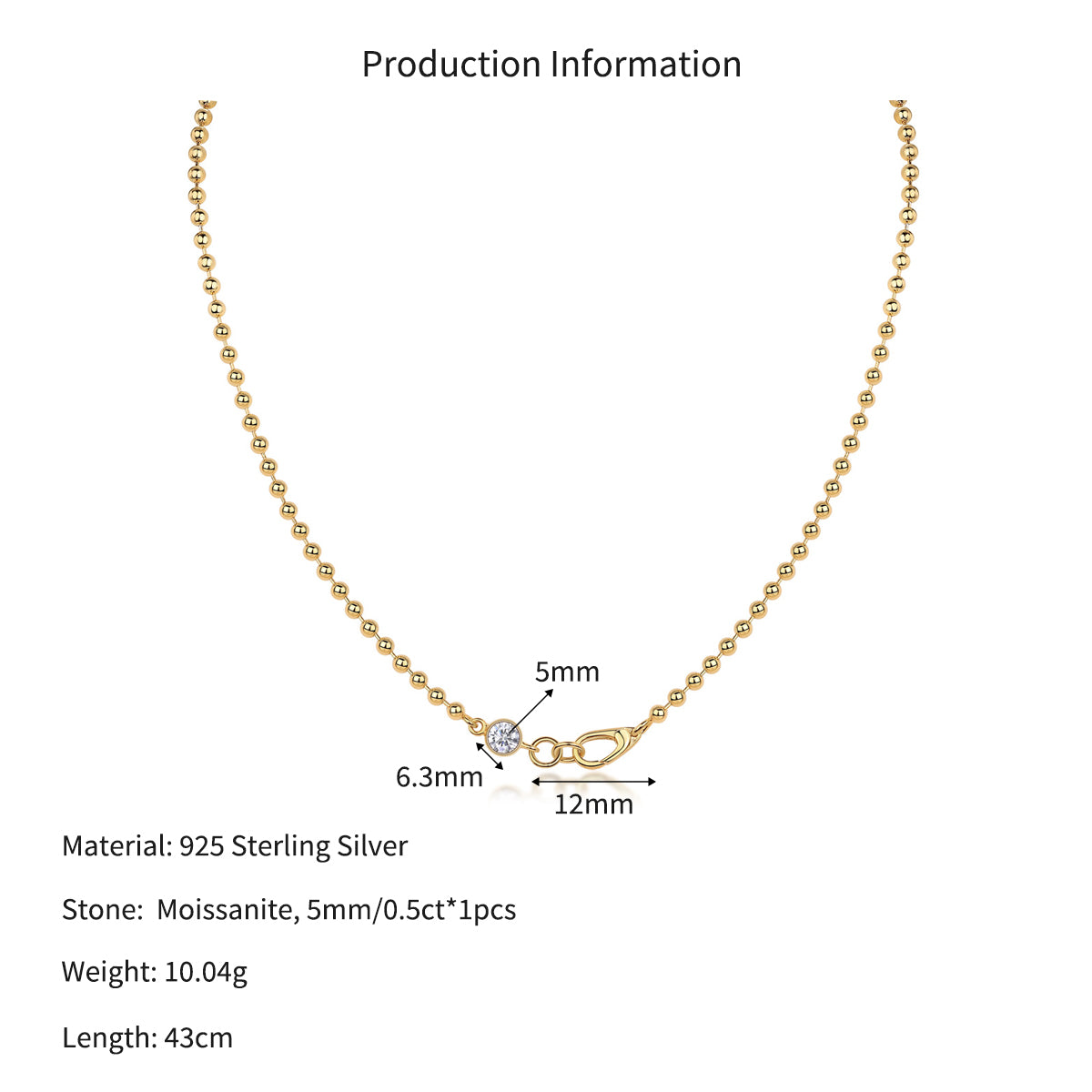 925 Sterling Silver 0.5ct Moissanite Beaded Chain Necklace 110300045