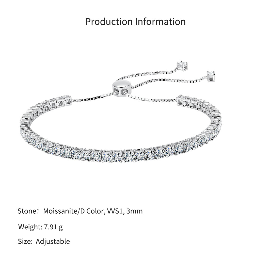 925 Sterling Silver 3mm Moissanite Adjustable Tennis Bracelet 110400024