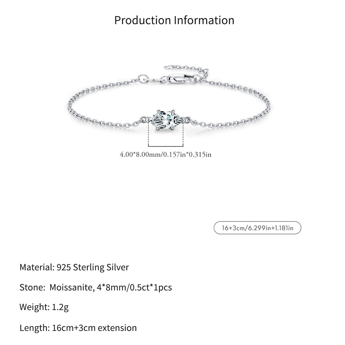 925 Sterling Silver 0.5ct Marquise Moissanite Bracelet 110400025