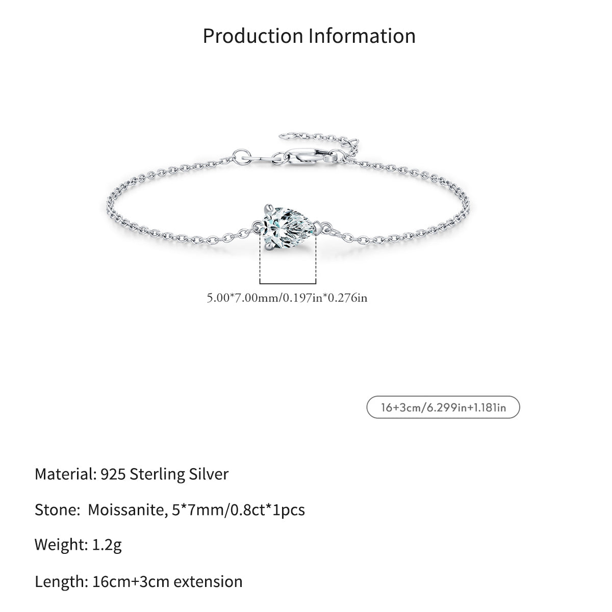 925 Sterling Silver Pear Cut Moissanite Bracelet 110400026