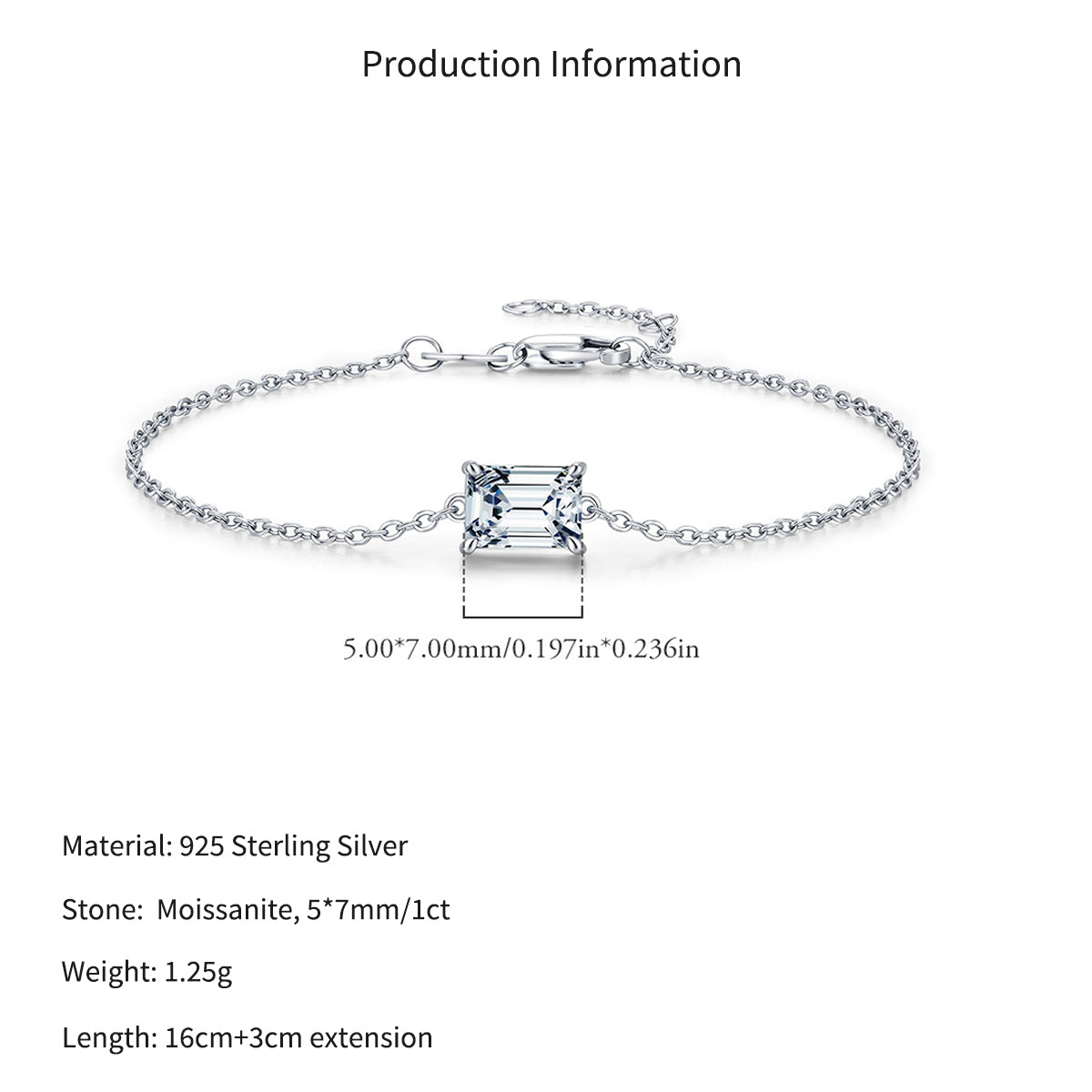 925 Sterling Silver Emerald Cut 1ct Moissanite Bracelet 110400028