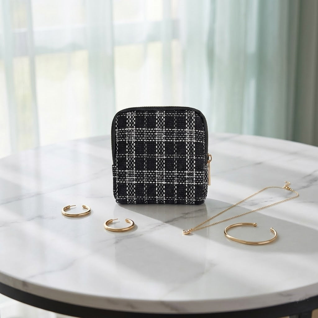 Premium Tweed Travel Jewelry Zip Pouch