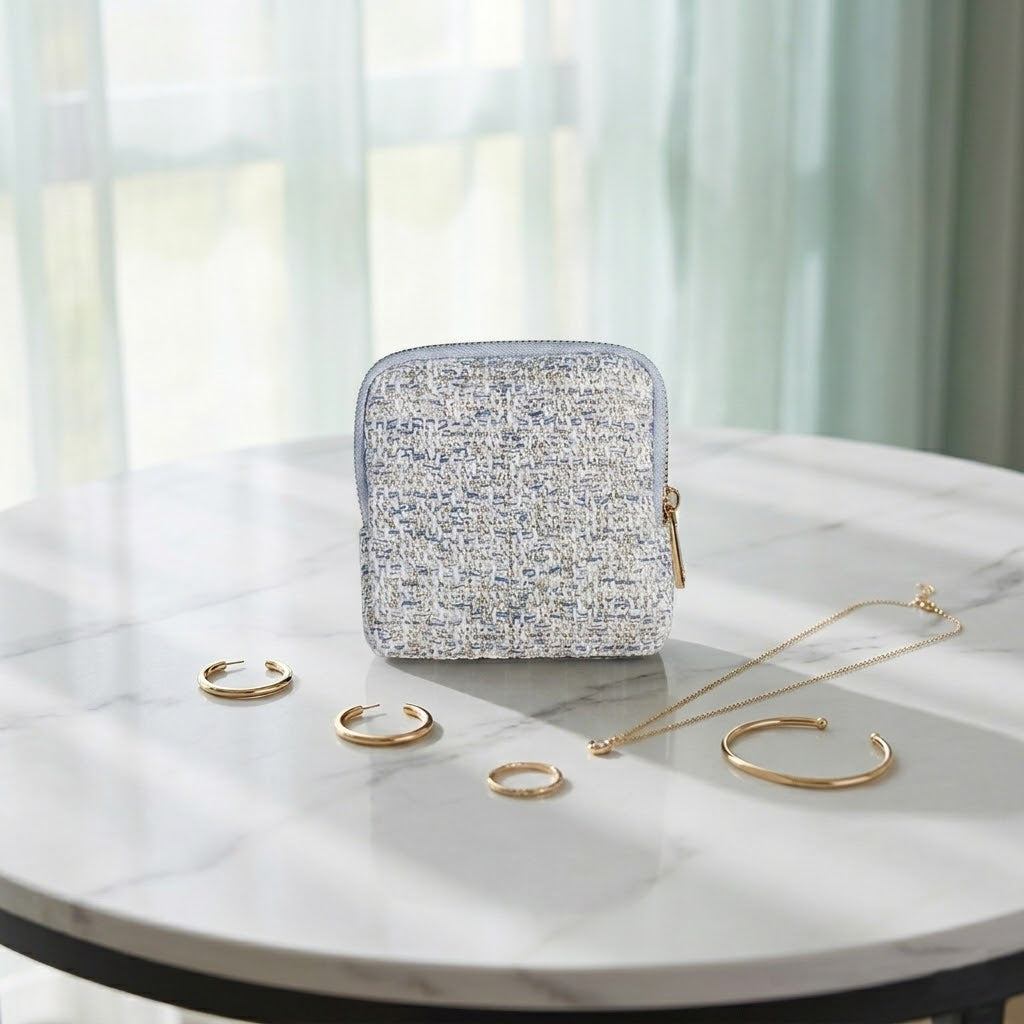 Premium Tweed Travel Jewelry Zip Pouch