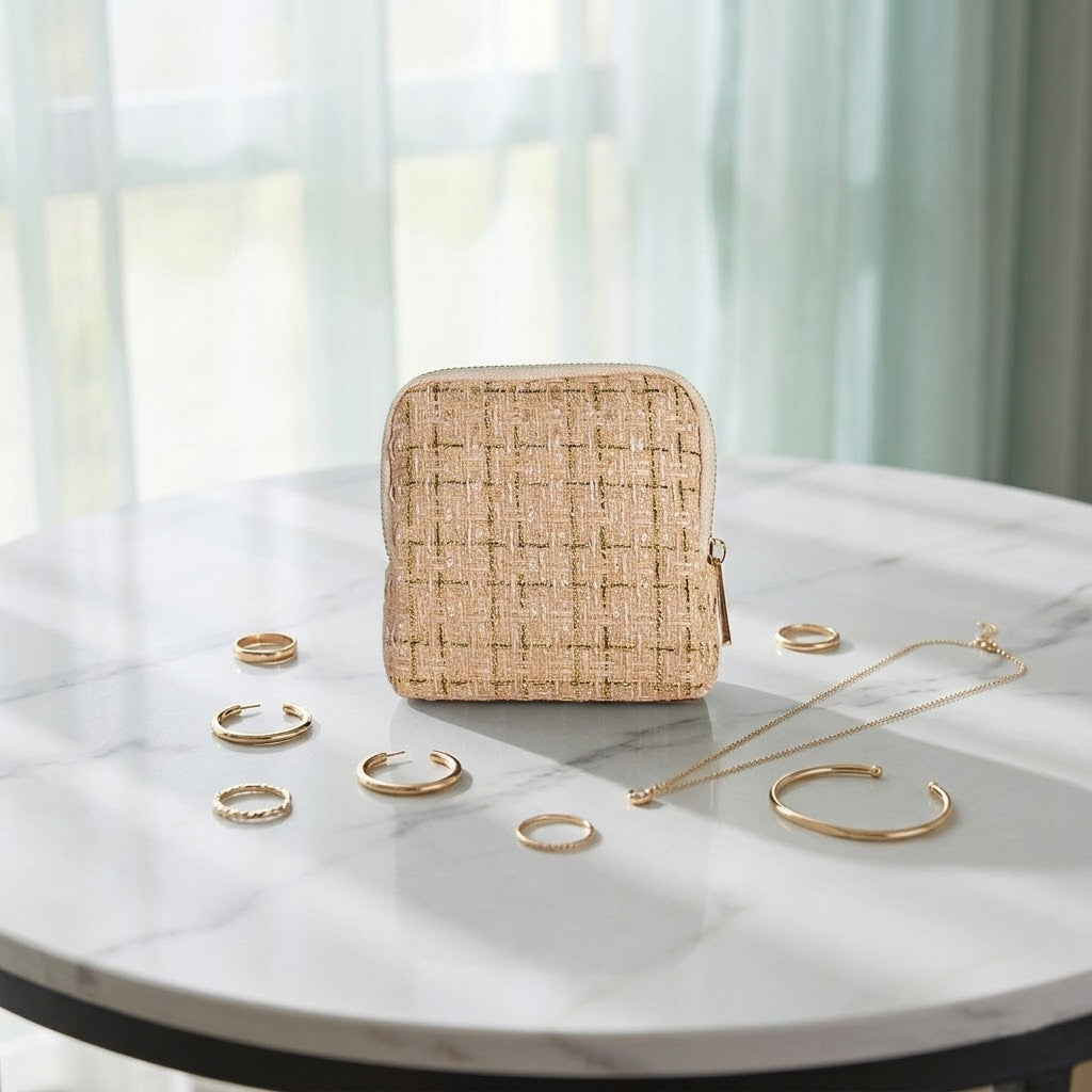 Premium Tweed Travel Jewelry Zip Pouch