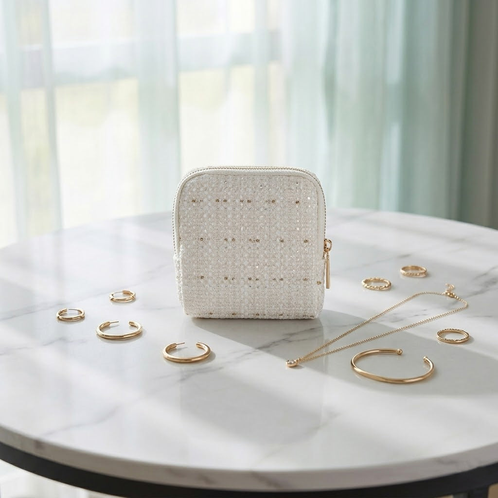 Premium Tweed Travel Jewelry Zip Pouch