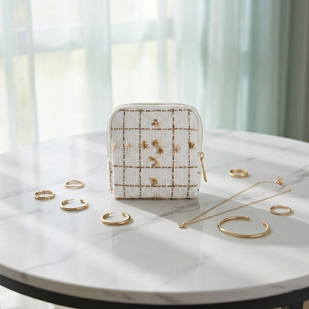 Premium Tweed Travel Jewelry Zip Pouch