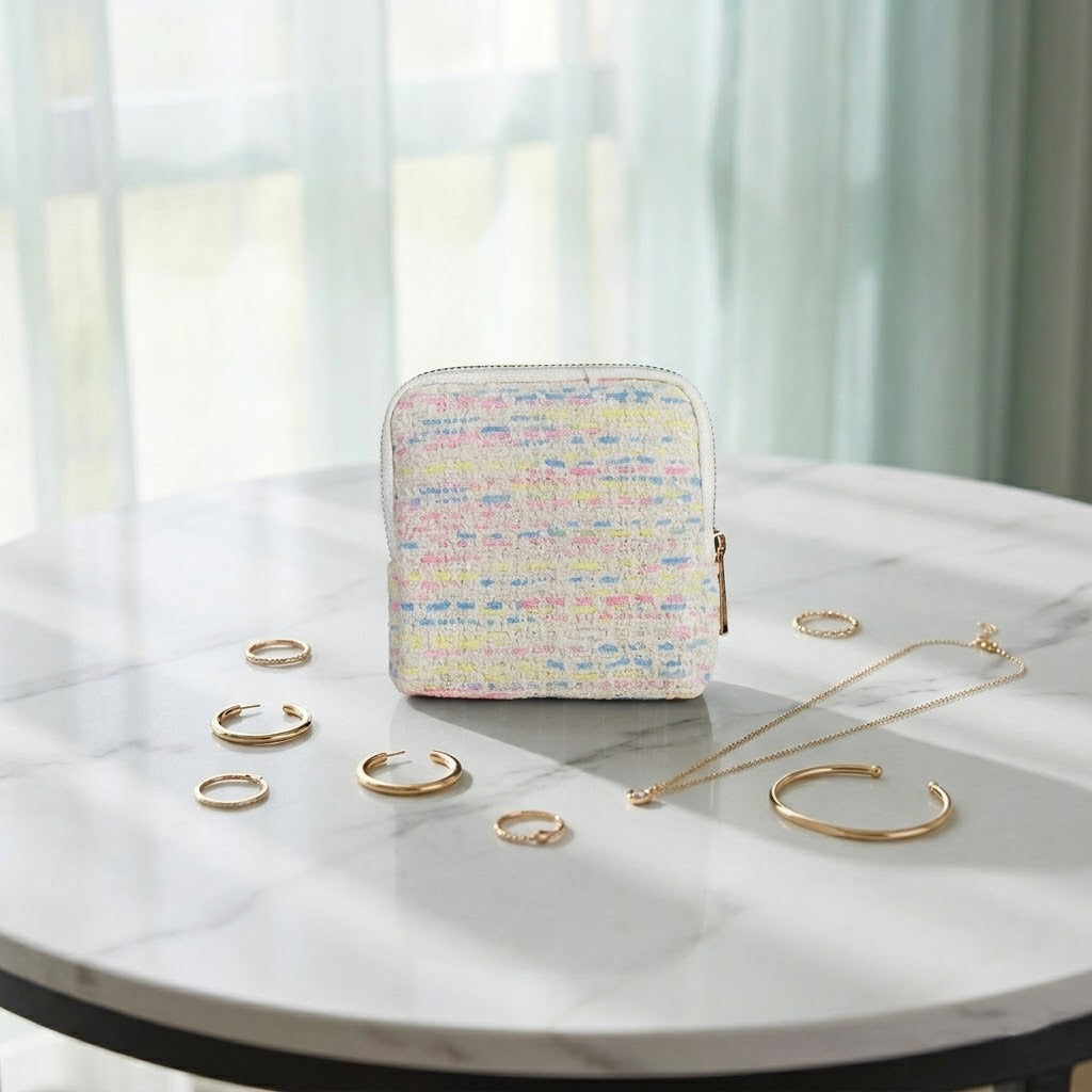 Premium Tweed Travel Jewelry Zip Pouch