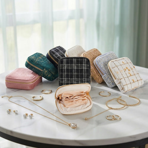 Premium Tweed Travel Jewelry Zip Pouch